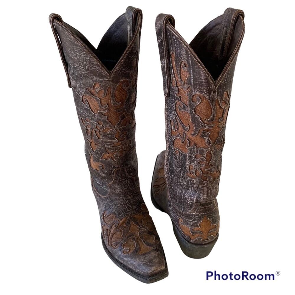 Lane Western Inlay Distressed Leather Boots Size 6.5 Cowgirl Boho Country